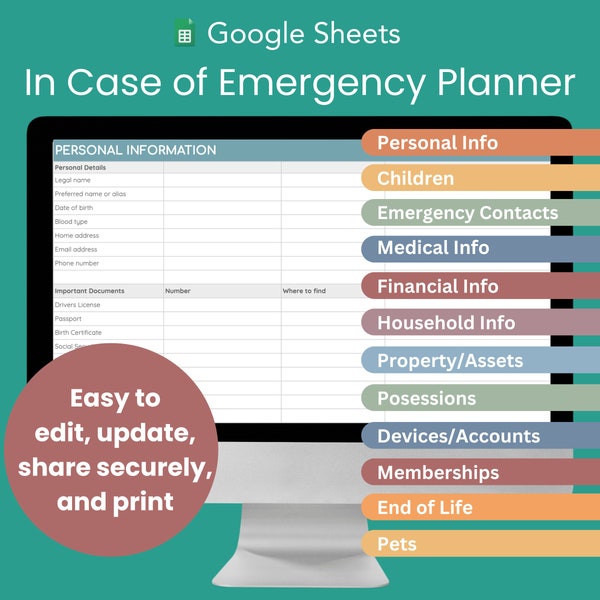 In Case of Emergency Planner Google Sheets Template - Customizable, Fillable, and Print Ready - Family and Household Information Binder