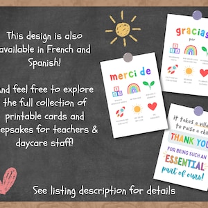 daycare teacher thank you card in spanish, daycare staff appreciation card in french, other teacher appreciation cards