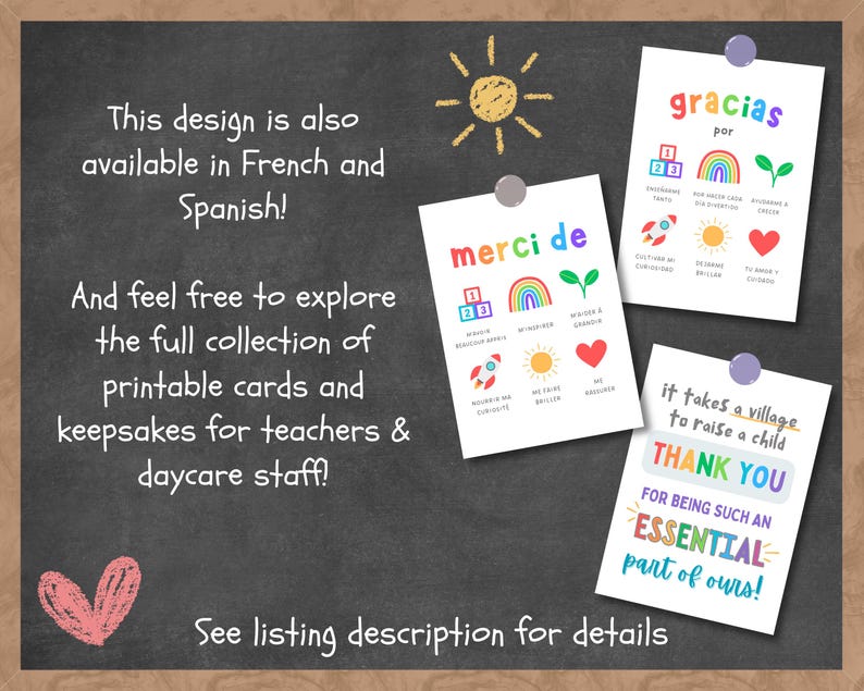daycare teacher thank you card in spanish, daycare staff appreciation card in french, other teacher appreciation cards