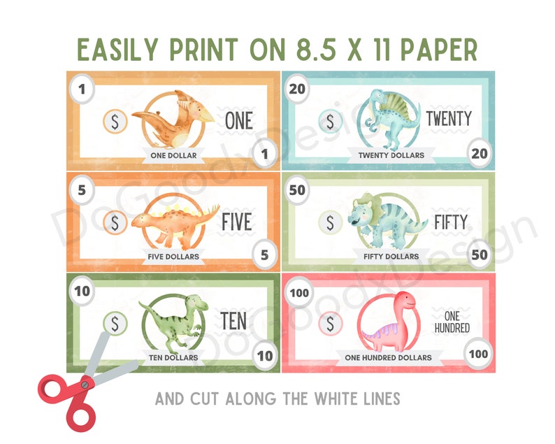 Printable Play Money, Kids Chore Money, Savings Dinosaurs Theme Kids ...