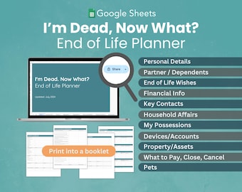 In geval van nood Planner levenseinde | Volledig bewerkbare Google Spreadsheets, just-in-case-map, afdrukbaar, direct downloaden I'm Dead What Now