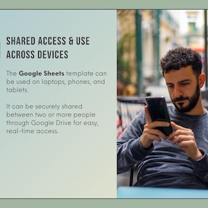 May include: A digital graphic featuring a green Google Sheets icon and the text SHARED ACCESS & USE ACROSS DEVICES, explaining that the template works on laptops, phones, and tablets and can be shared via Google Drive for real-time access.