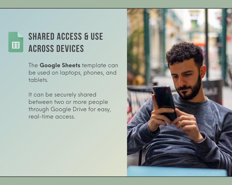 May include: A digital graphic featuring a green Google Sheets icon and the text SHARED ACCESS & USE ACROSS DEVICES, explaining that the template works on laptops, phones, and tablets and can be shared via Google Drive for real-time access.