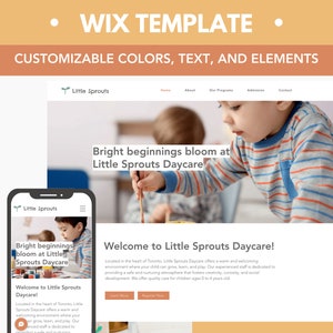 May include: A website homepage for Little Sprouts Daycare, featuring a photo of a child painting with a paintbrush. The text "Bright beginnings bloom at Little Sprouts Daycare" is displayed in a large font on the page.