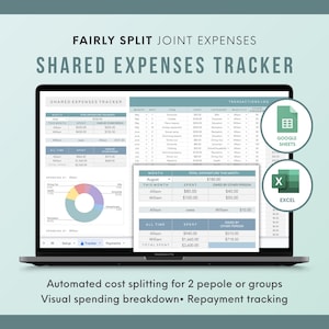 Può includere: Uno schermo di un laptop mostra un tracker delle spese condivise con il testo "FAIRLY SPLIT JOINT EXPENSES" e "SHARED EXPENSES TRACKER". Lo schermo mostra tabelle di dati, grafici e icone per Google Sheets ed Excel. È visibile anche il testo "Automated cost splitting for 2 people or groups".