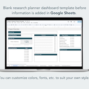 research planner dashboard template, customizable google sheets research tracker template