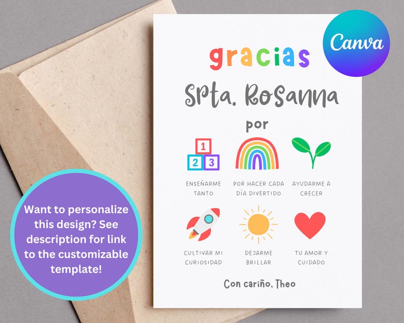 customizable spanish daycare thank you card in canva, personalized spanish teacher appreciation card