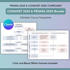 May include: A graphic with the text "PRISMA 2020 & CONSORT 2025 COMPLIANT" and "CONSORT 2025 & PRISMA 2020 Bundle". The image includes flowcharts and the Canva logo. The text "Editable Canva Templates" and "Color and Black/White Variants Included" are also present.