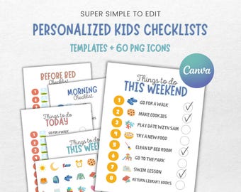 Gepersonaliseerde checklist voor kinderen en routinegrafiek Canva-sjabloon, bewerkbare takenlijsten voor kinderen Routines, weekendactiviteiten, lijst met gezinsroutines