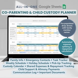 Agenda tout-en-un pour la coparentalité dans Google Sheets | Planification de la garde d'un enfant, suivi des paiements de pension alimentaire pour enfants, planification de parents divorcés