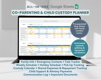Alles-in-één planner voor co-ouderschap in Google Spreadsheets | Planner voogdij, kinderbijslag en alimentatiebetalingen tracker, planner gescheiden ouders