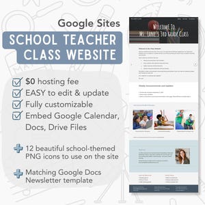 May include: A website template for a school teacher's class, with the text "SCHOOL TEACHER CLASS WEBSITE." The website features a welcome message, announcements, and student resources. It includes a Google Calendar and Docs integration, and offers school-themed icons.