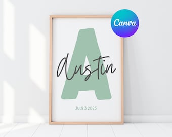 Custom Initial Name Print, Personalized Name Letter Print Editable Canva Template, DIY Printable Baby Name Wall Art, Custom Nursery Wall Art