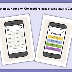 May include: Two smartphone screen templates for a word puzzle game. The left screen shows a grid of sixteen words including AWESOME, KIND, SMILE, QUIRKS, HUMOR, FUNNY, LAUGH, JOKES, FUN TIMES, JOY, FEEL SAFE, GREAT, CHATS, FEEL LOVED, HAPPY, ADVENTURES.