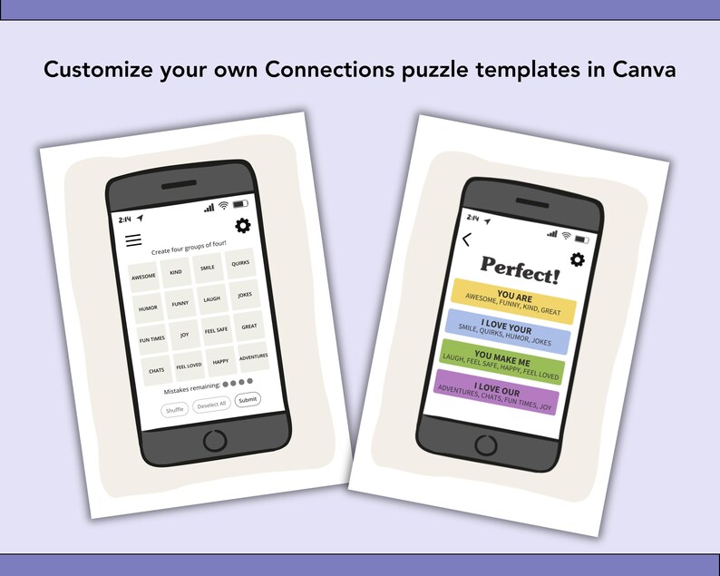 May include: Two smartphone screen templates for a word puzzle game. The left screen shows a grid of sixteen words including AWESOME, KIND, SMILE, QUIRKS, HUMOR, FUNNY, LAUGH, JOKES, FUN TIMES, JOY, FEEL SAFE, GREAT, CHATS, FEEL LOVED, HAPPY, ADVENTURES.