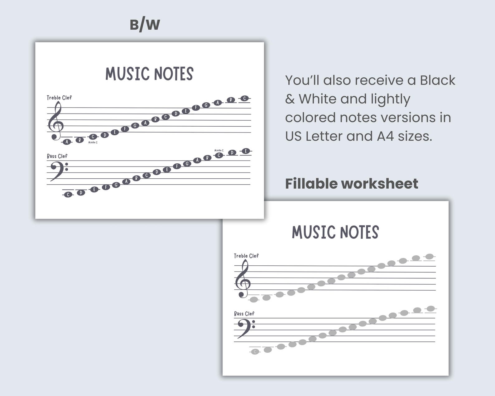 Music Notes in Treble & Bass Clef on Staff With Ledger Lines, Beginner ...