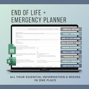 Op de afbeelding: Een digitale planner voor het levenseinde en noodgevallen op een laptopscherm. De interface bevat een formulier voor een zorgplan en een zijbalk met knoppen voor medische gegevens, familieleden, wensen voor het levenseinde en financiële info.