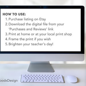 May include: A computer screen displaying instructions on how to use a digital file purchased on Etsy. The instructions include downloading the file, printing it at home or a local print shop, framing it, and brightening someone's day. The text "DoGoodxDesign" is visible at the bottom of the screen.