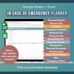 Op de afbeelding: Een laptopscherm toont een "In Case of Emergency Planner" sjabloon in Google Sheets en Excel. De sjabloon bevat secties voor persoonlijke gegevens, medische informatie en contacten voor noodgevallen. Tekst op het scherm luidt "Gemakkelijk te bewerken, bij te werken, veilig te delen en af te drukken."