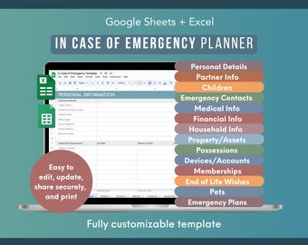 In Case of Emergency Planner Template Google Sheets and Excel | Digital Emergency Binder, Family and Household Emergency Template