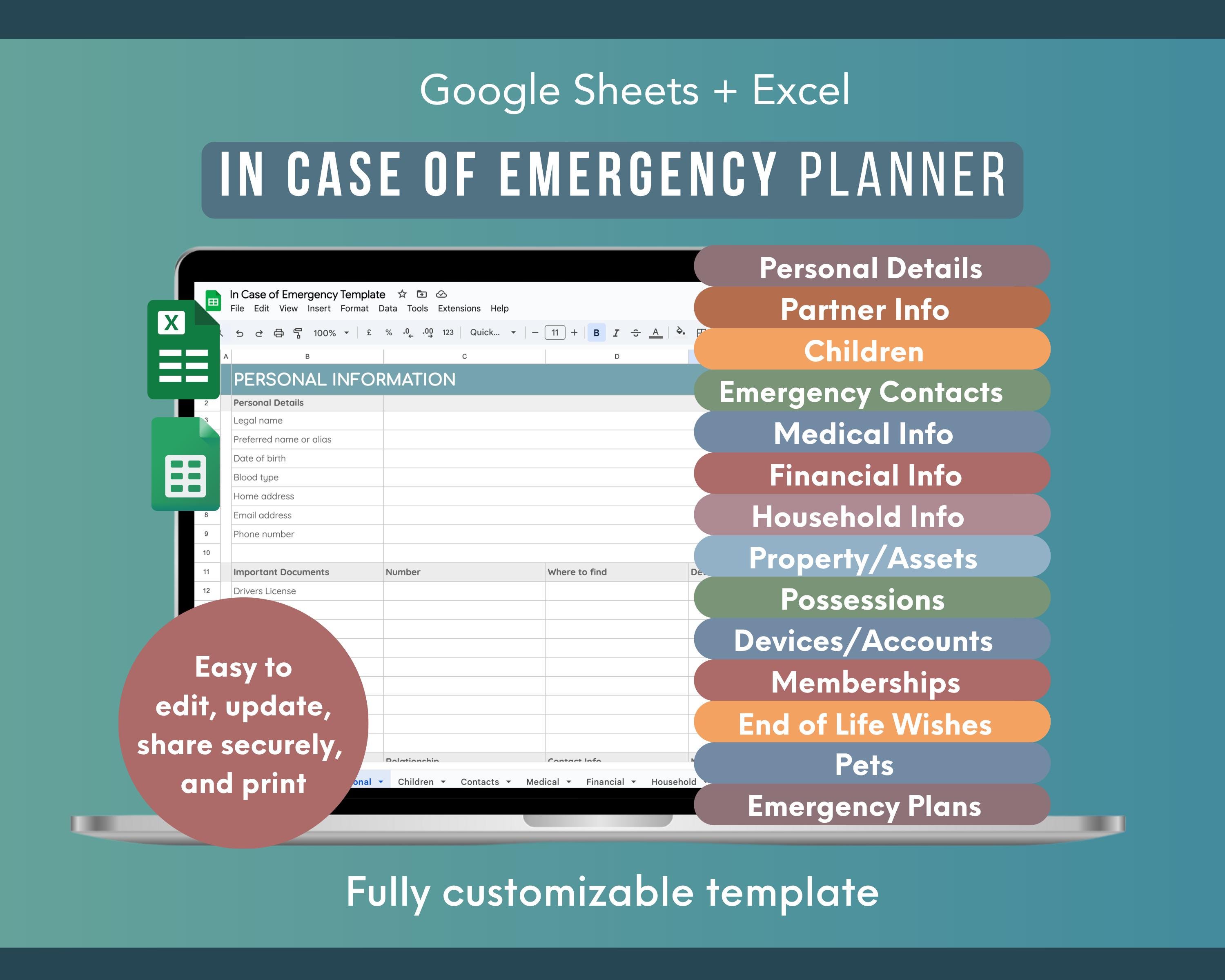 In Case of Emergency Planner Template Google Sheets and Excel | Digital ...