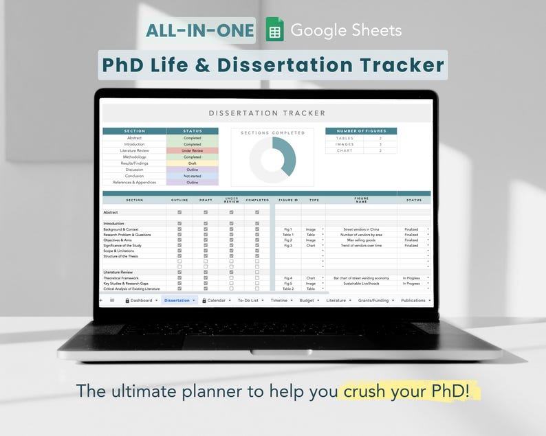 PhD Life and Dissertation Tracker in Google Sheets, planner to help crush your PhD, Google Sheets template on laptop showing dissertation progress traacking