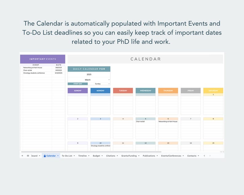 phd researcher calendar on google sheets