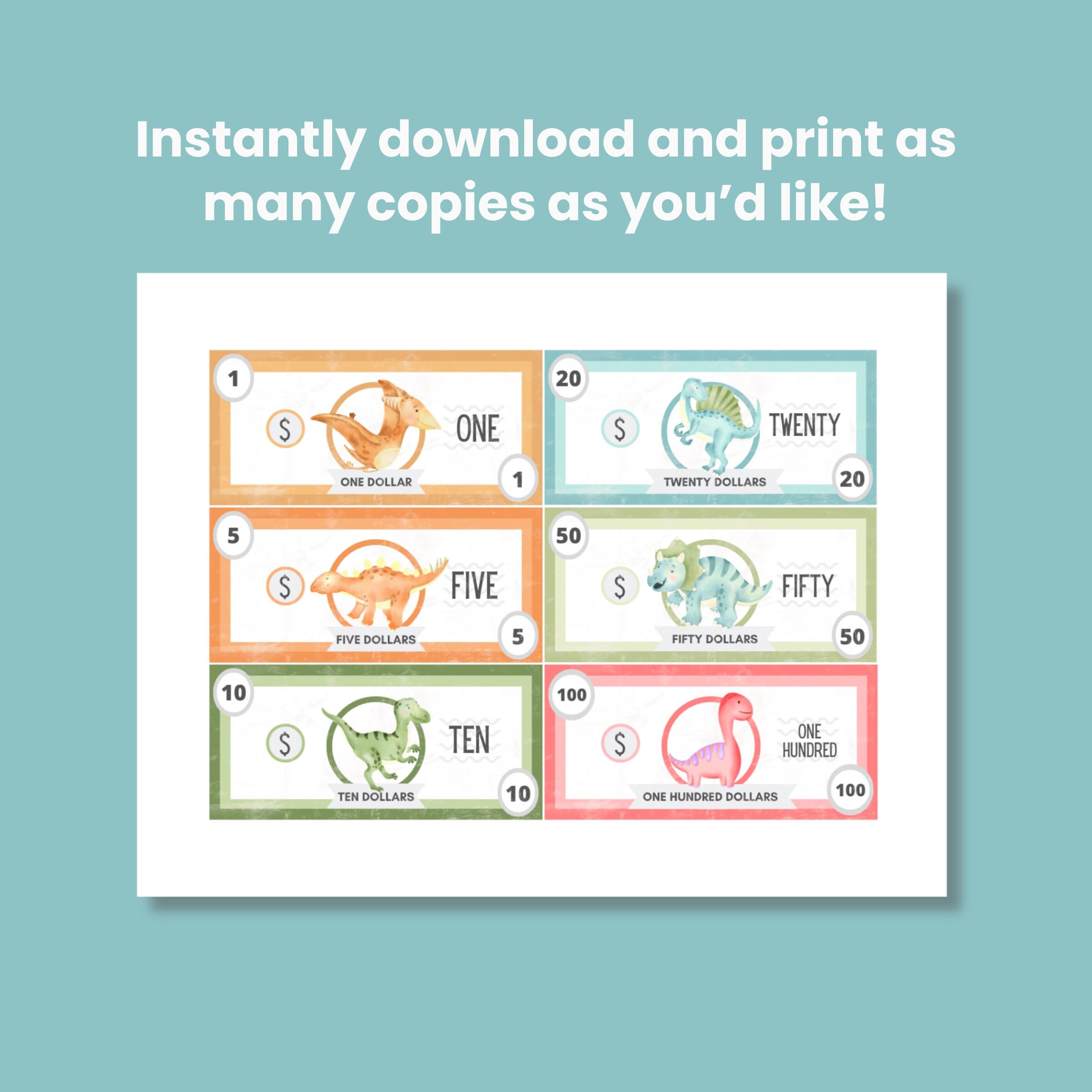 Printable Dinosaur Kids Play Money or Chore Money for Kids Homeschool ...