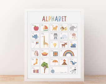 Printable Alphabet Poster for Kids Room, Educational Wall Art, Modern Nursery & Classroom Decor