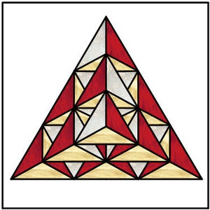 May include: A geometric stained glass design featuring a red and white triangle pattern. The triangle is made up of smaller triangles, creating a layered effect.