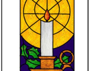 May include: A white candle with a red flame sits in a gold candlestick with green holly leaves. The candle is in front of a yellow stained glass window.