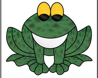 Könnte beinhalten: Cartoon-Illustration eines lächelnden Frosches. Der Frosch ist grün mit gelben Augen und einem weißen Mund. Die Haut des Frosches hat ein gesprenkeltes Muster. Der Frosch sitzt mit gespreizten Beinen.
