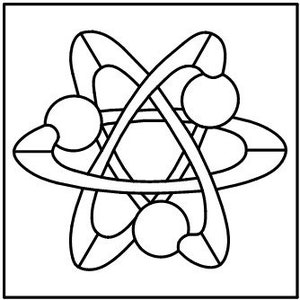 Peut inclure: Un dessin au trait noir et blanc d'un atome avec trois &eacute;lectrons en orbite.