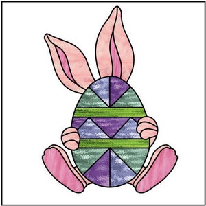 Pode incluir: Um coelho rosa segurando um ovo de Páscoa colorido com um padrão geométrico verde, roxo e azul.