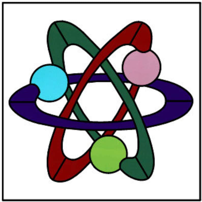 Peut inclure: Illustration abstraite d'un atome avec un fond vert, rouge et bleu. L'atome a un anneau violet autour de lui et trois sph&egrave;res de diff&eacute;rentes couleurs.