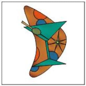 May include: A whimsical illustration of a teal martini glass with an olive, set against a brown boomerang shape with orange and blue polka dots. A starburst design is on the right side of the boomerang.
