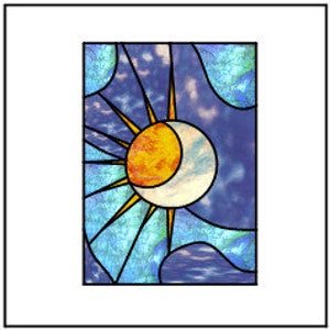Puede incluir: Un diseño de vitral con un sol y una luna estilizados en un esquema de colores azul y amarillo.