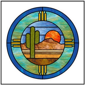 May include: A stained glass window design featuring a desert landscape with a setting sun, a cactus, and mountains. The design is surrounded by a blue circle with a yellow and brown pattern.