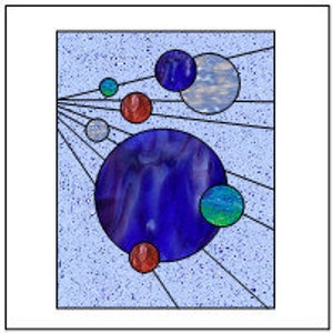 Pode incluir: Design abstrato de vitral com fundo azul e múltiplos círculos em vários tons de azul, vermelho e verde.