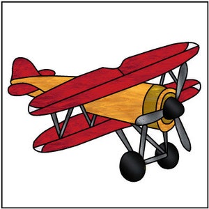 May include: A red and yellow biplane with a propeller. The plane has a single wing on each side and a tail.
