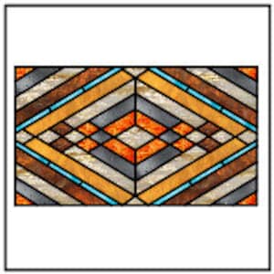 May include: Geometric stained glass panel with a diamond pattern. The design features a central diamond shape in orange and gray, surrounded by angled stripes in shades of brown, tan, and blue. The panel is rectangular and framed in black.