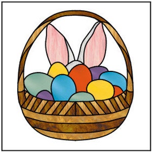 Pode incluir: Uma cesta de vime marrom cheia de ovos de Páscoa coloridos e um coelho branco espiando por cima.