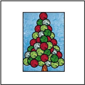 May include: A stylized Christmas tree made of red, green, and silver circles against a blue background.