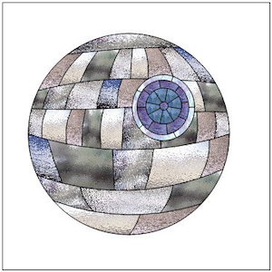 May include: A stained glass depiction of the Death Star from Star Wars. The sphere is made up of various shades of gray, blue, and white glass. The Death Star's signature targeting dish is visible in the center.
