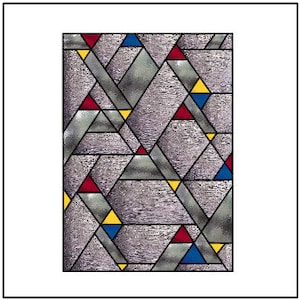 May include: Abstract geometric stained glass window design with a repeating pattern of triangles in red, blue, and yellow against a gray background.