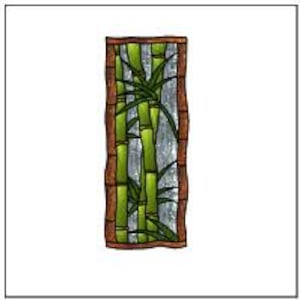 May include: A stained glass window panel featuring a design of green bamboo stalks with brown wooden framing.