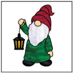 May include: A whimsical garden gnome illustration. The gnome wears a red hat, a white beard, and a green tunic. It holds a black lantern with a yellow glow, suggesting a nighttime scene. The image is outlined in black.
