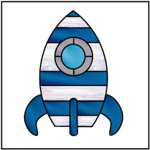 May include: A blue and white rocket with a grey and blue window. The rocket has a striped design and is in a stained glass style.