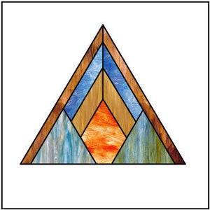 May include: A stained glass window design featuring a triangle shape with a layered pattern of blue, orange, and brown glass.
