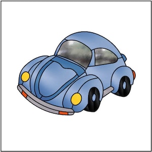 May include: A blue vintage car with yellow headlights and orange taillights. The car has a rounded shape and a classic design.